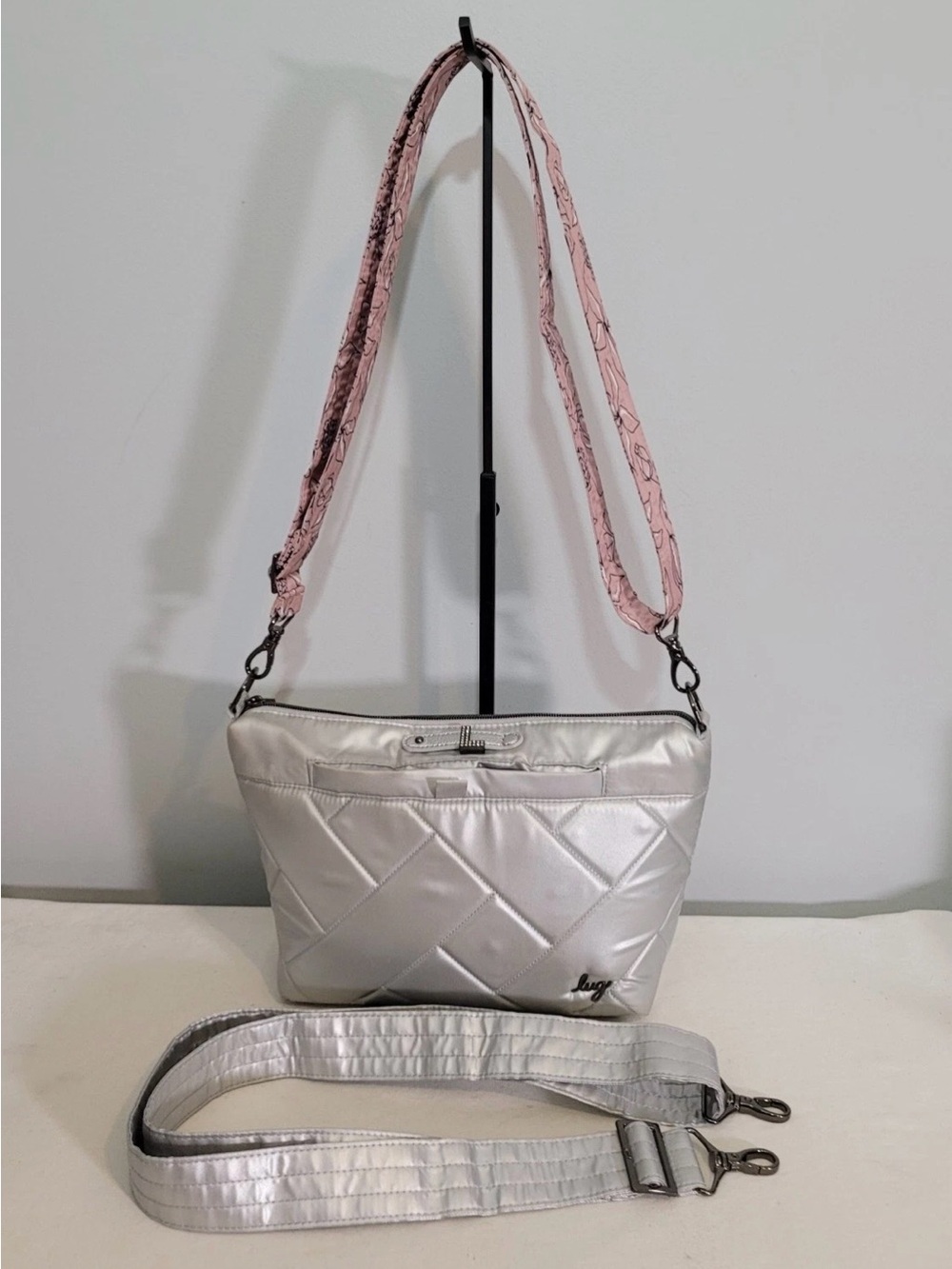 Lug Flare RFID Crossbody Bag Metallic Silver Quilted Purse 2 Straps